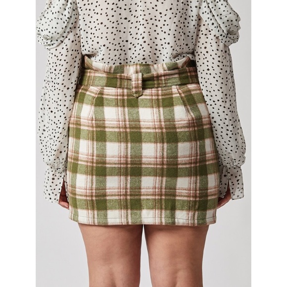 NEW Paperbag Waist Plaid Fuzzy Knit Belted Skirt - Picture 7 of 15
